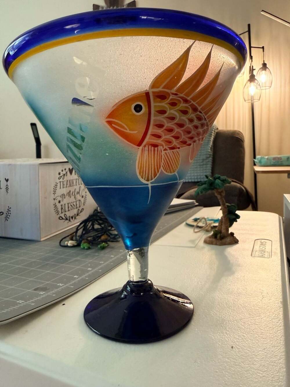 Mexican Hand Blown Art Glass Hand Painted Tropical Fish Margarita Glass Cozumel
